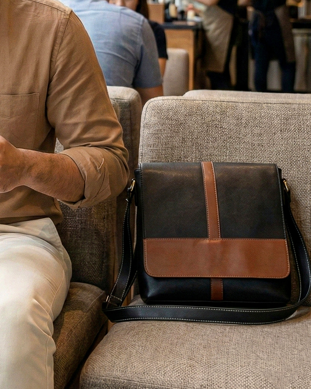 Brown leather bag on a gray couch with people in the background