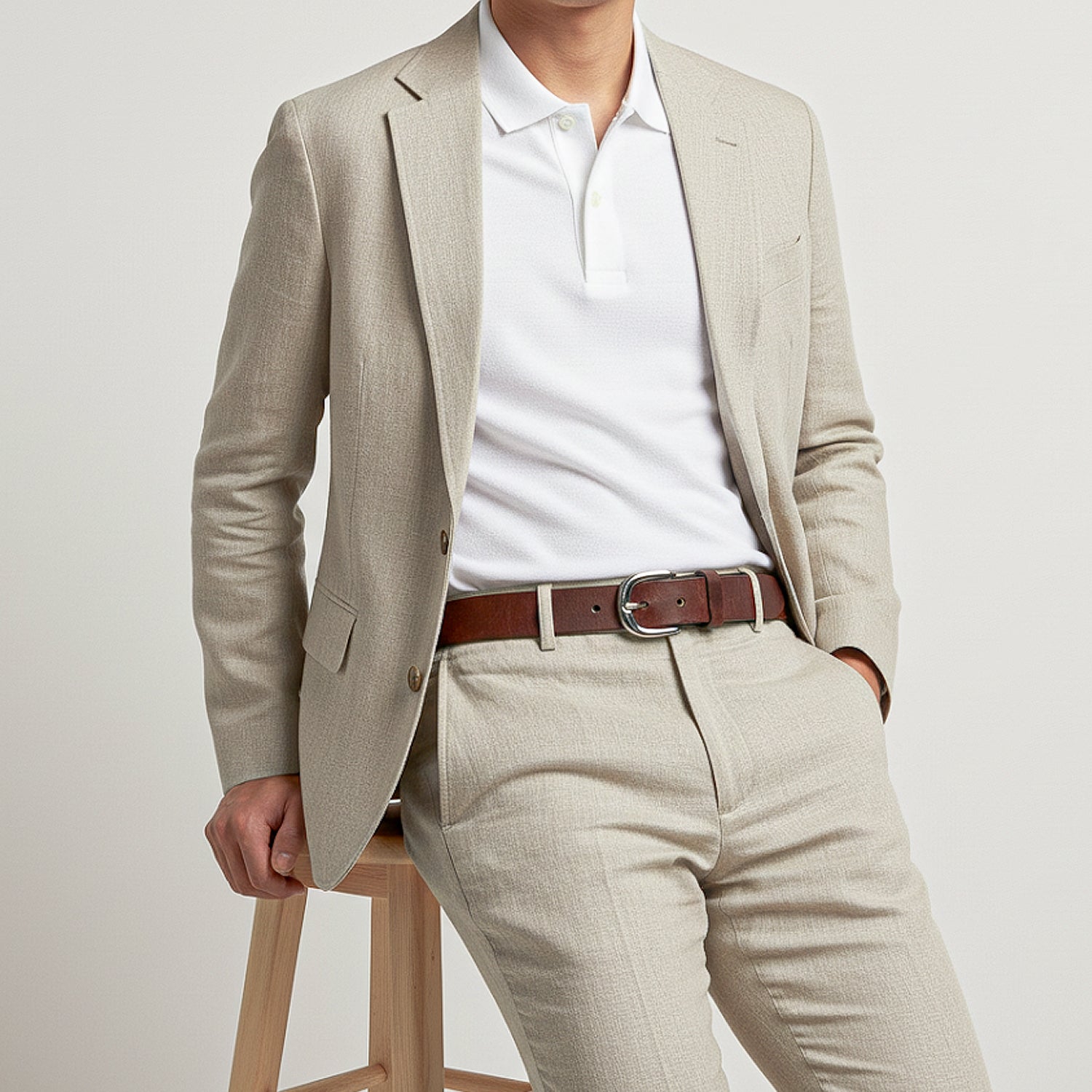 Man wearing a beige suit with a white shirt and brown belt on a light background